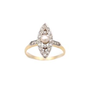 French Belle Epoque Navette Ring In 18 Karat Gold And Platinum
