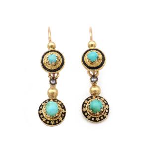 French Victorian Turquoise Day And Night Earrings In 18k Gold