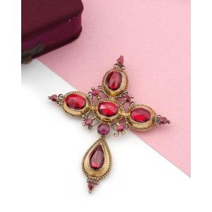 Large Antique French Perpignan Garnet Cross In 18k Gold