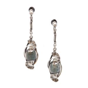 Paul Dumont Jasper Ginkgo Earrings In Silver, Art Nouveau