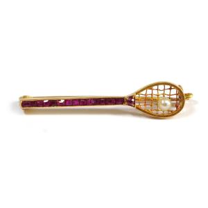 Art Deco Tennis Racket Brooch In 18 Karat Gold., Sport, Antique Brooch