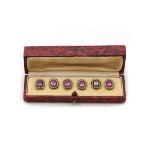 Antique French Edwardian Set Of 6 Dress Studs Pink Glass Paste Rhinestones