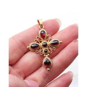 French Perpignan Garnet Pendant In 18k Gold, Catalan Jewelry 