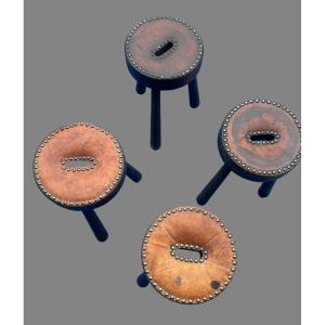 Set Of Four Wooden And Leather Stools, 1970 