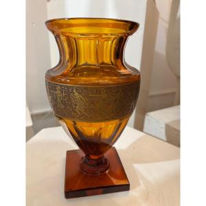 Decorative Amber Glass Vase With Antique Decoration. Moser, 20th Century 