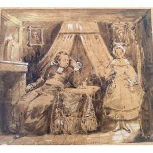 Eugène Deveria. "the Lesson." Signed Ink Drawing