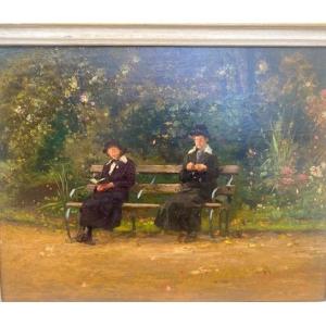 Scene In A Park, Oil On Panel Circa 1900