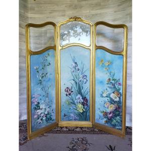 Large Art Nouveau Screen Floral Decor Golden Wood Painted On Canvas