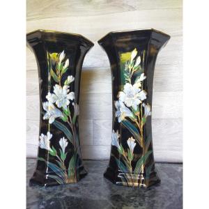 Pair Of Keller And Guérin Vases Decor Dragonflies And Birds