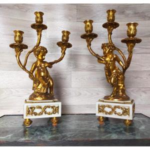 Pair Of Love And Satyr Candlesticks In Gilt Bronze (candelabra Candlesticks)