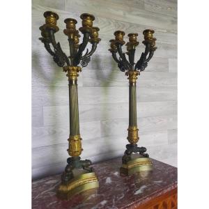 Pair Of Large Charles X Bronze Candlesticks (epirus Restoration)