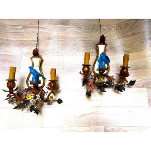 Pair Of Porcelain Flowers And Birds Sconces (lamp Chandelier)