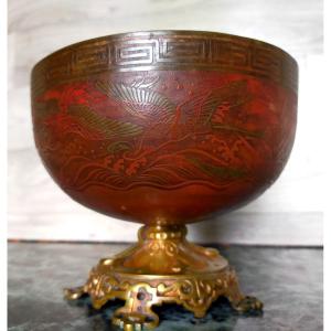 Bronze Cup Decorated With Cranes Japan 19th Century (asian Asia)