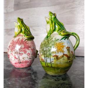 Pair Of Frogs In 18th Century Earthenware Cruet Vinegar Signature To Decipher