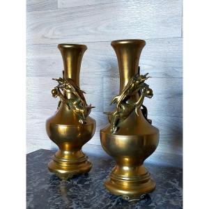 Pair Of Bronze Vases Decorated With Dragons (asian China)
