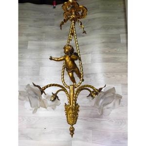 Bronze Chandelier With Angel Decor Louis XVI