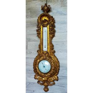 Large Louis XVI Golden Wood Barometer Thermometer