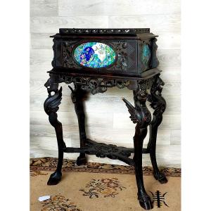 Planter With Napoleon III Dragons With Plate In Longwy Or Bordeaux Enamels 