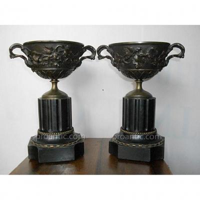 Pair Of Cups Cassolettes Chiselled Bronze And Marble