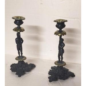Pair Of Bronze Candlesticks With Oriental Figures 