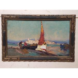 Louis Pastour 1876-1948 "fishermen In A Boat With A Red Sail And A Cane"