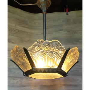 Chandelier With Art Deco Noverdy Plates And Silvered Bronze (muller Daum Degué..)