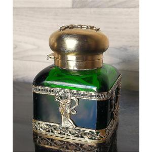 Desk Inkwell In Crystal And Bronze With Antique Decor 