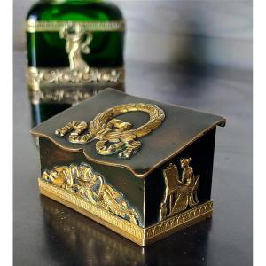 Bronze Stamp Box With Antique Decor (empire Desk Inkwell)