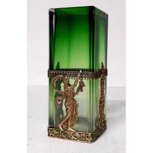 Empire Vase Decorated With Draped Women In Antique Style And Green Crystal For Desk 