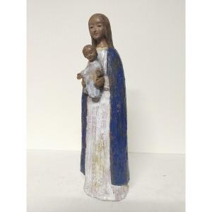 Virgin And Child In Enamelled Terracotta, Signed