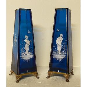 Pair Of Chinese-style Vases In Enameled Glass With Bronze Mounts 