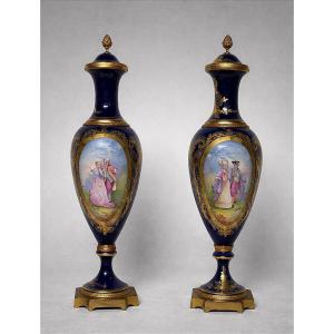 Pair Of Large Bronze And Porcelain Vases In The Style Of Sèvres