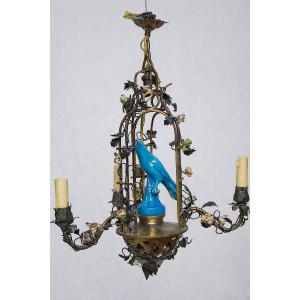 Porcelain Flower Cage Chandelier With Bird And Bronze Mount 