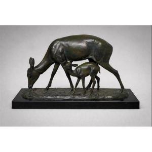 Bronze By Irénée Rochard (1906-1984), Art Deco, "the Doe And Her Fawn" 