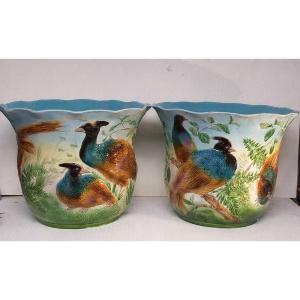 Pair Of 50cm Sarreguemines Majolica Planters With Pheasant Design 