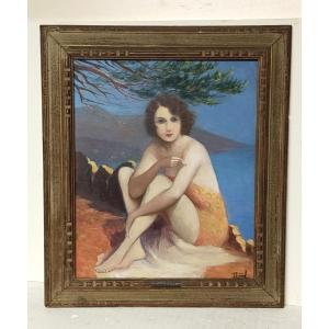Jean Jannel, Young Woman Seated In A Mediterranean Landscape, Circa 1920, Art Deco
