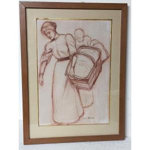 René Xavier François Prinet (1861-1946) Red Chalk Drawing Of A Young Woman With A Basket 