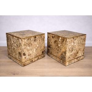Pair Of Marble Side Tables With Bronze Trim