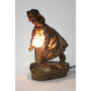 Jose Cardona (1878-1923) Bronze Nightlight Lamp For A Young Girl 