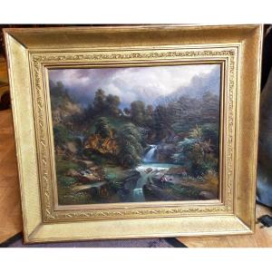 Landscape With A Lively Waterfall – Oil On Canvas – 19th Century – Gilded Frame