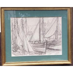 Léon Detroy – Drawing Of Boats In The Port, Crozant School