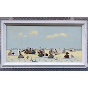 Victor Doumont, Lively Beach Scene, Normandy Or Belgian Coast 