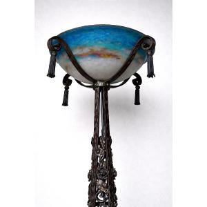 Art Deco Floor Lamp, Glass Paste Basin Signed Muller Frères Lunéville (kiss Brandt..)