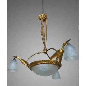 Stork Chandelier – Art Deco – Bronze And Glass 