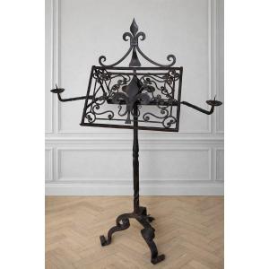 Important Wrought Iron Lectern – 19th Century With Candle Holder 