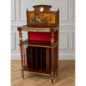 Louis XVI Style Walnut Display Cabinet With Lyre Motif And Miniature