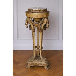 Louis XVI High Pedestal In Patinated Wood, Marble Top (column Sheath)
