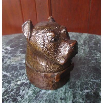Inkwell Carved Wood Dog Head Work Black Drill