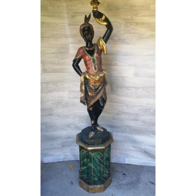 Large Nubian Torchiere Door Napoleon III In Polychrome Wood