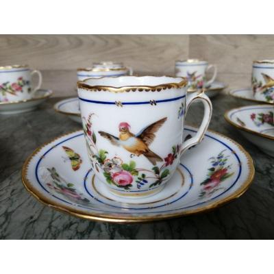 Porcelain Coffee Cup Service Decor Parrots And Butterflies (sèvres Paris)
